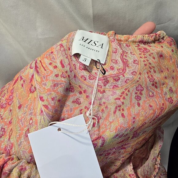 NWT MISA Dress Pink/Yellow Size S Off The Shoulder Smocked Waist - Picture 4 of 10